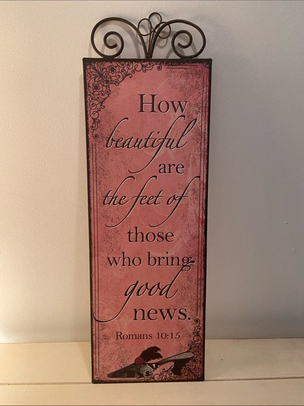 Vintage Style Pink Metal Scripture Hanging Wall Plaque High Heel Design